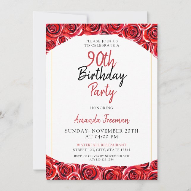 Watercolor Red Rose 90th Birthday Invitation (Front)