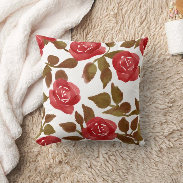 Watercolor Red Rose Bouquet Throw Pillow (Creator Uploaded)