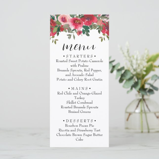 Watercolor Red Rose Floral Wedding Menu (Standing Front)