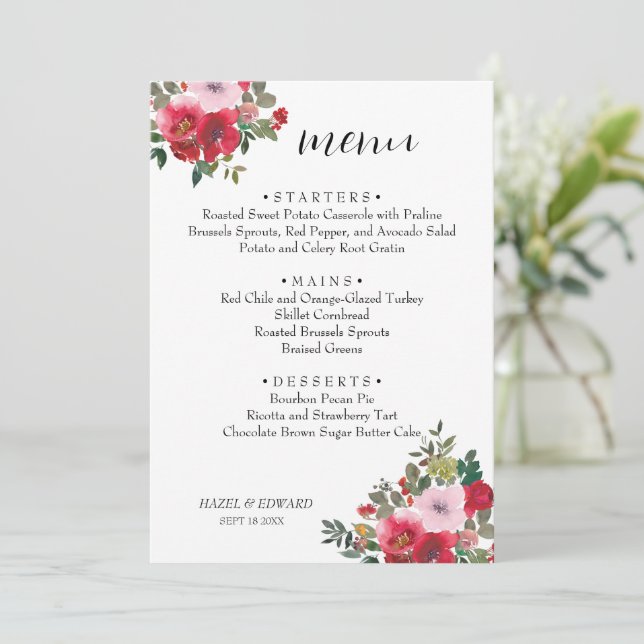 Watercolor Red Rose Floral Wedding Menu (Standing Front)