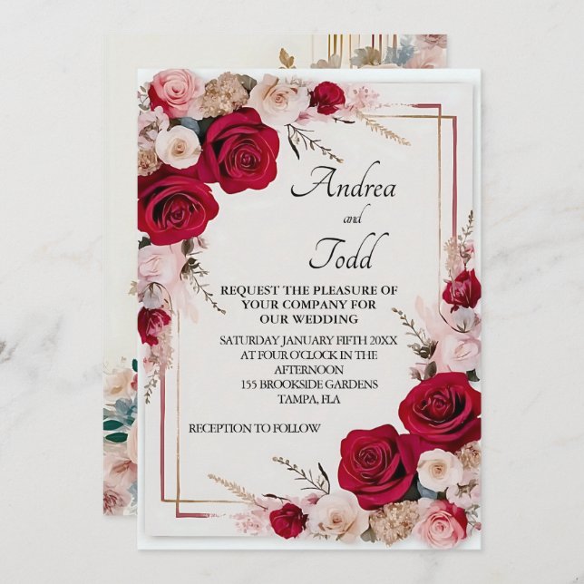 Watercolor red rose wedding invitation (Front/Back)