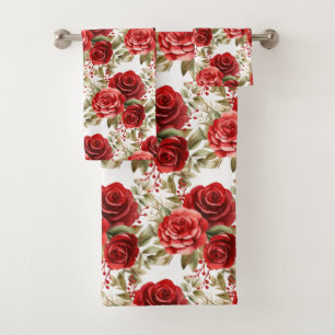 Watercolor Red Roses  Bath Towel Set