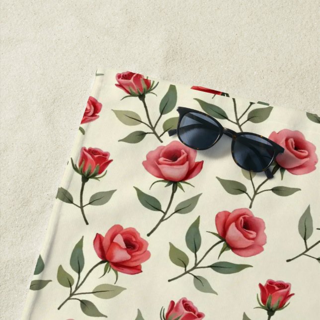 Watercolor Red Roses Beach Towel  (In Situ)