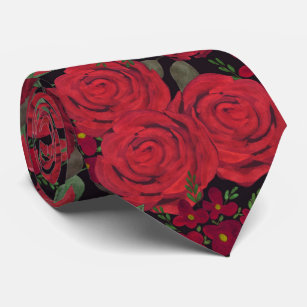 Watercolor, red roses, black, rose, floral pattern tie