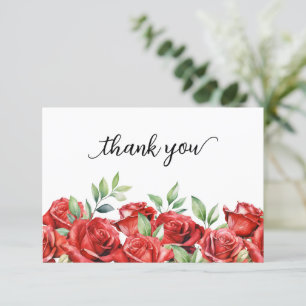 Watercolor Red Roses Border Thank You Card