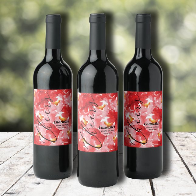 Watercolor Red Roses Bridal Shower Wine Label (Watercolor red roses floral bridal shower wine bottle personalized labels)
