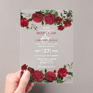 Watercolor Red Roses Clear Transparent Wedding Acrylic Invitations
