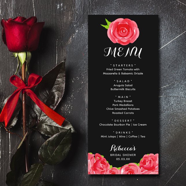 Watercolor Red Roses Derby Bridal Shower Menu (Watercolor red roses Derby-theme bridal shower menus)