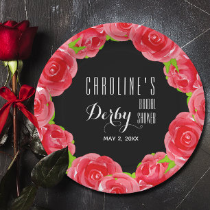 Watercolor Red Roses Derby Bridal Shower Paper Plate