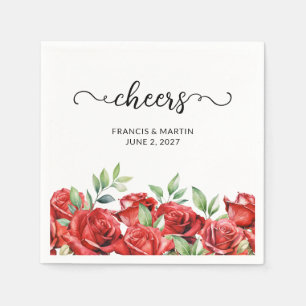 Watercolor Red Roses Floral Border Thank You Napkin