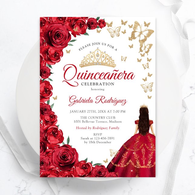 Watercolor Red Roses Floral Quinceanera Invitation (Creator Uploaded)