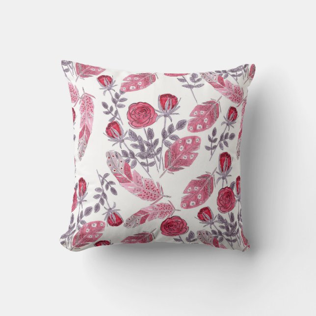 Watercolor red roses flowers feathers white cushion (Front)