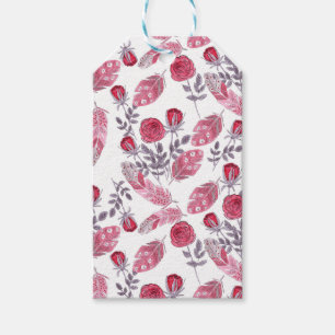 Watercolor red roses flowers feathers white gift tags