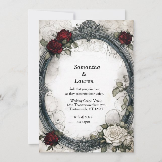 Watercolor Red Roses Framed Goth Wedding Invitation (Front)