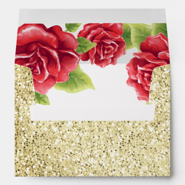 Watercolor Red Roses & Gold Glitter Wedding Envelope (Back (Bottom))