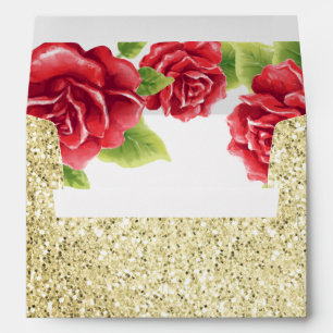 Watercolor Red Roses & Gold Glitter Wedding Envelope