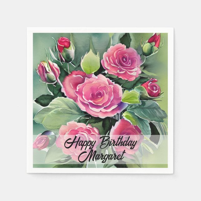 Watercolor Red Roses Happy Birthday Napkin (Front)