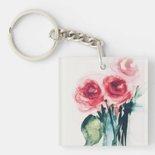Watercolor Red Roses Key Ring