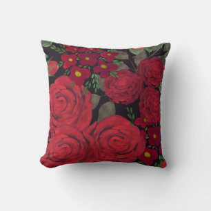 Watercolor red roses on black, cushion