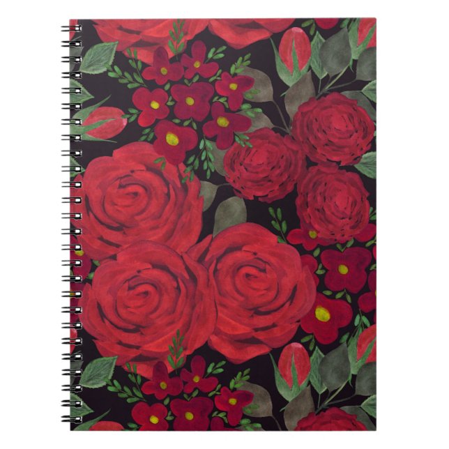 Watercolor red roses on black, notebook (Front)
