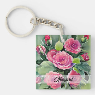 Watercolor Red Roses Personalised Key Ring