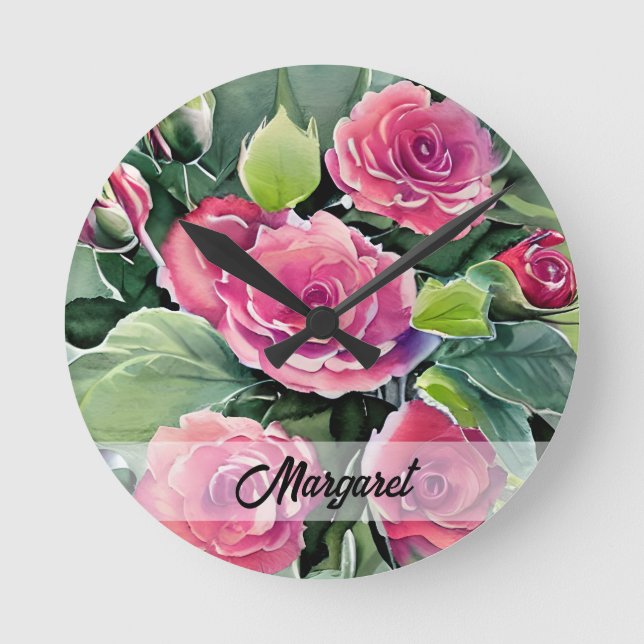 Watercolor Red Roses Personalised Round Clock (Front)