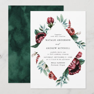 Watercolor Red Roses & Purple Floral Frame Wedding Invitation