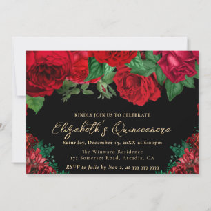 Watercolor Red Roses Quinceanera Invitation