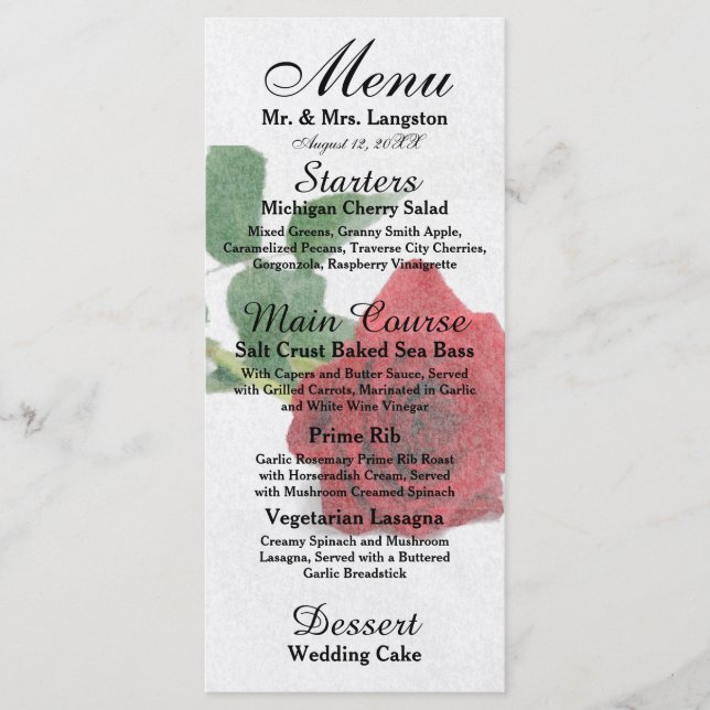 Watercolor Red Roses - Reception Menu (Front)
