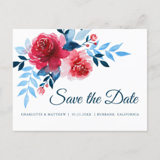 Watercolor Red Roses Save The Date Announcement Postcard