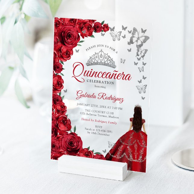 Watercolor Red Roses Silver Quinceanera Acrylic Invitations (Creator Uploaded)