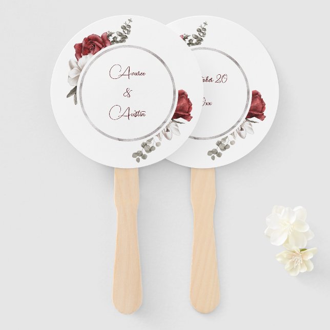 Watercolor Red Roses Wedding Hand Fan (Front and Back)