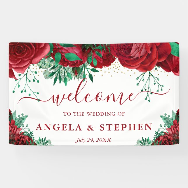 Watercolor Red Roses Wedding Welcome Banner (Horizontal)