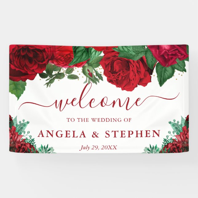 Watercolor Red Roses Wedding Welcome Banner (Horizontal)