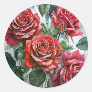 Watercolor Red Roses with Green Leaves Classic Round Sticker