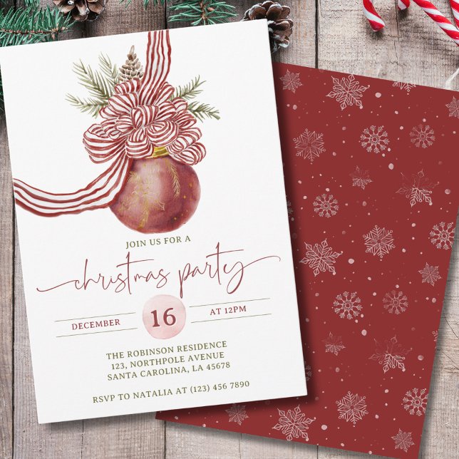 Watercolor Red Stripe Bow Ornament Christmas Party Invitation (Creator Uploaded)