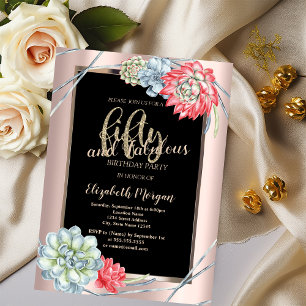 Watercolor Red Succulents Rose Gold 50th Birthday Invitation