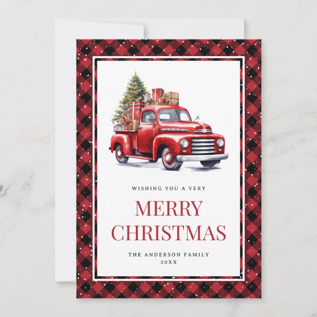 Watercolor Red Truck Buffalo Plaid Christmas Holiday Card (Front)