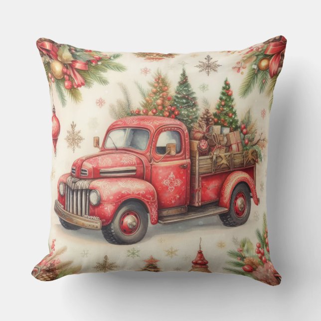 Watercolor Red Truck Christmas Motifs Holiday Cushion (Front)