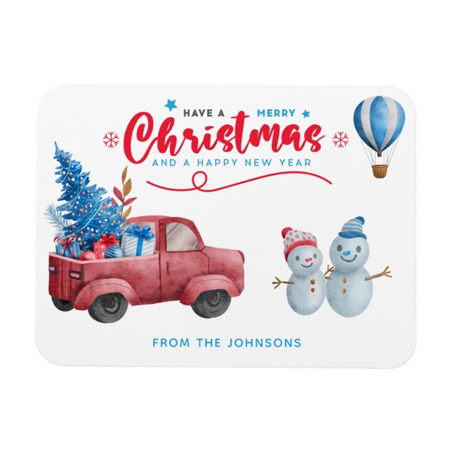 Watercolor Red Truck Christmas Scene Holiday Magnet (Horizontal)