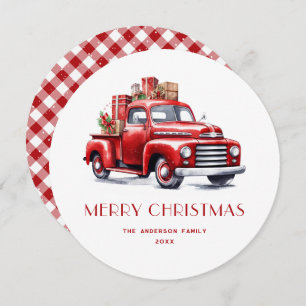 Watercolor Red Truck Gingham Plaid Christmas Cards