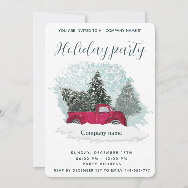 Watercolor red truck holiday party company invitat invitation (Front)