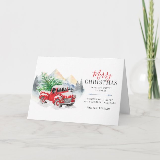 Watercolor Red Truck Merry Christmas Lumberjack Holiday Card (Front)