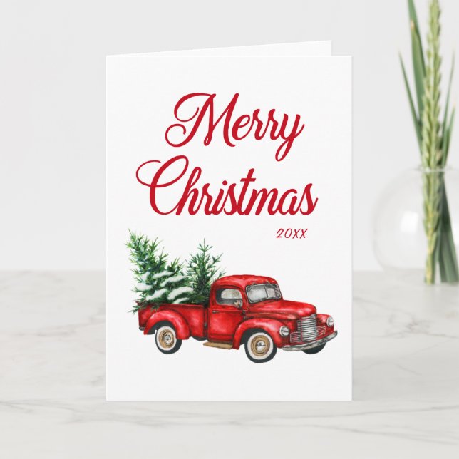 Watercolor Red Truck Merry Christmas Year Folded Card (Front)