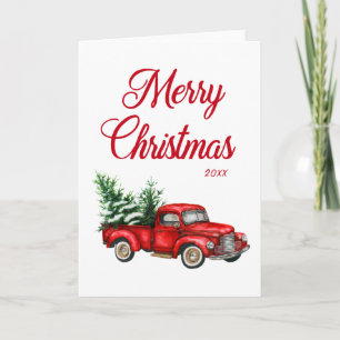 Watercolor Red Truck Merry Christmas Year Folded Card