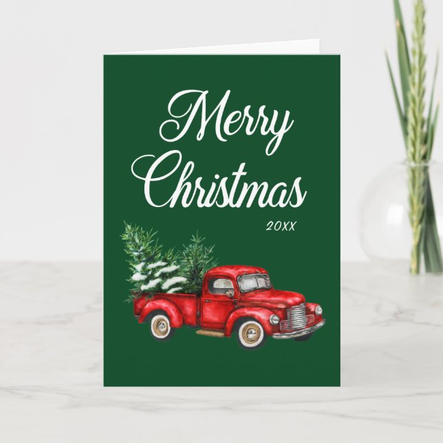 Watercolor Red Truck Merry Christmas Year Green Card (Front)