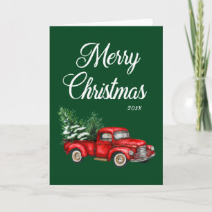 Watercolor Red Truck Merry Christmas Year Green Card