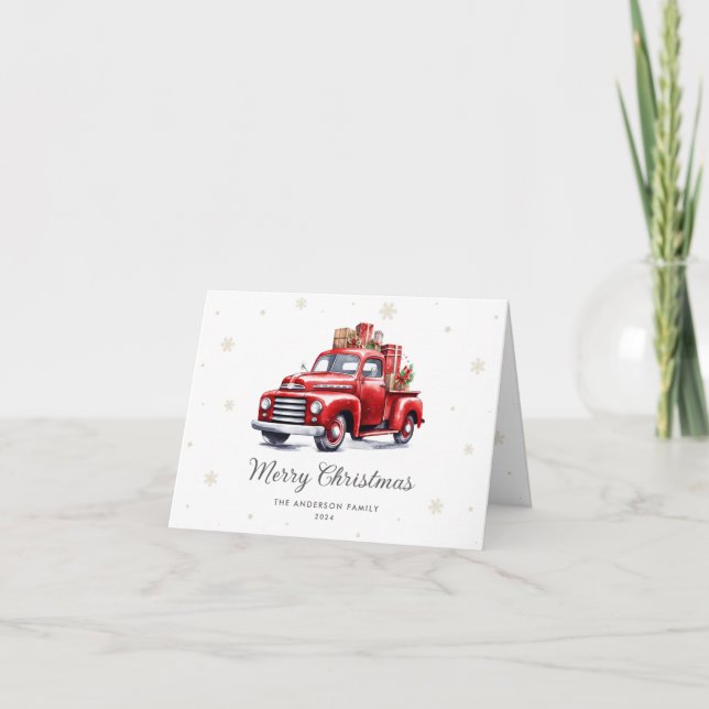 Watercolor Red Truck Photo Merry Christmas Holiday Card (Front)