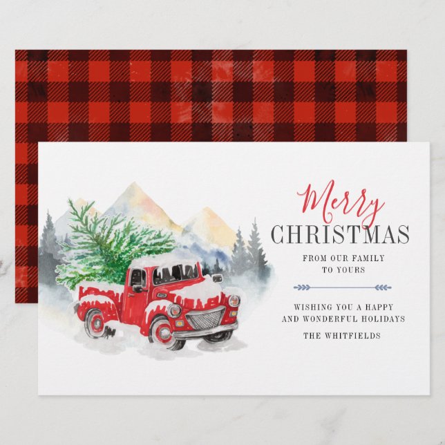 Watercolor Red Truck Plaid Christmas Holiday Stationery (Front/Back)