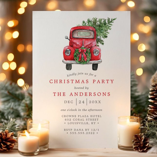 Watercolor Red Truck Wreath Christmas Party Invitation (Creator Uploaded)